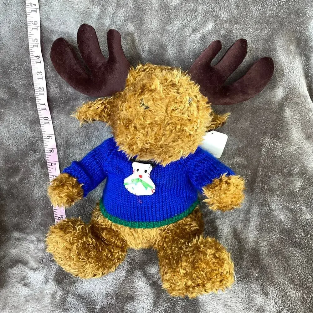 Vintage Reindeer Plush Moose Brown Curly Hair Blue Sweater 15” HugFun Toy TAGS